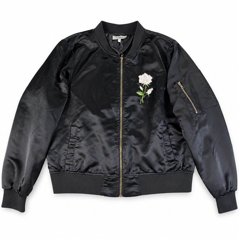 Charlotte Russe Bomber Jacket Black Satin Rose Embroidered XL Floral Streetwear
